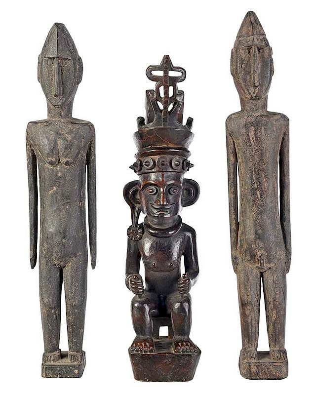 Appraisal: Three Indonesian Ancestral Guardian Wood Figures early th century Nias