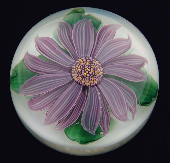 Appraisal: LUNDBERG STUDIOS PAPERWEIGHT Amethyst flower blossom with four green leaves