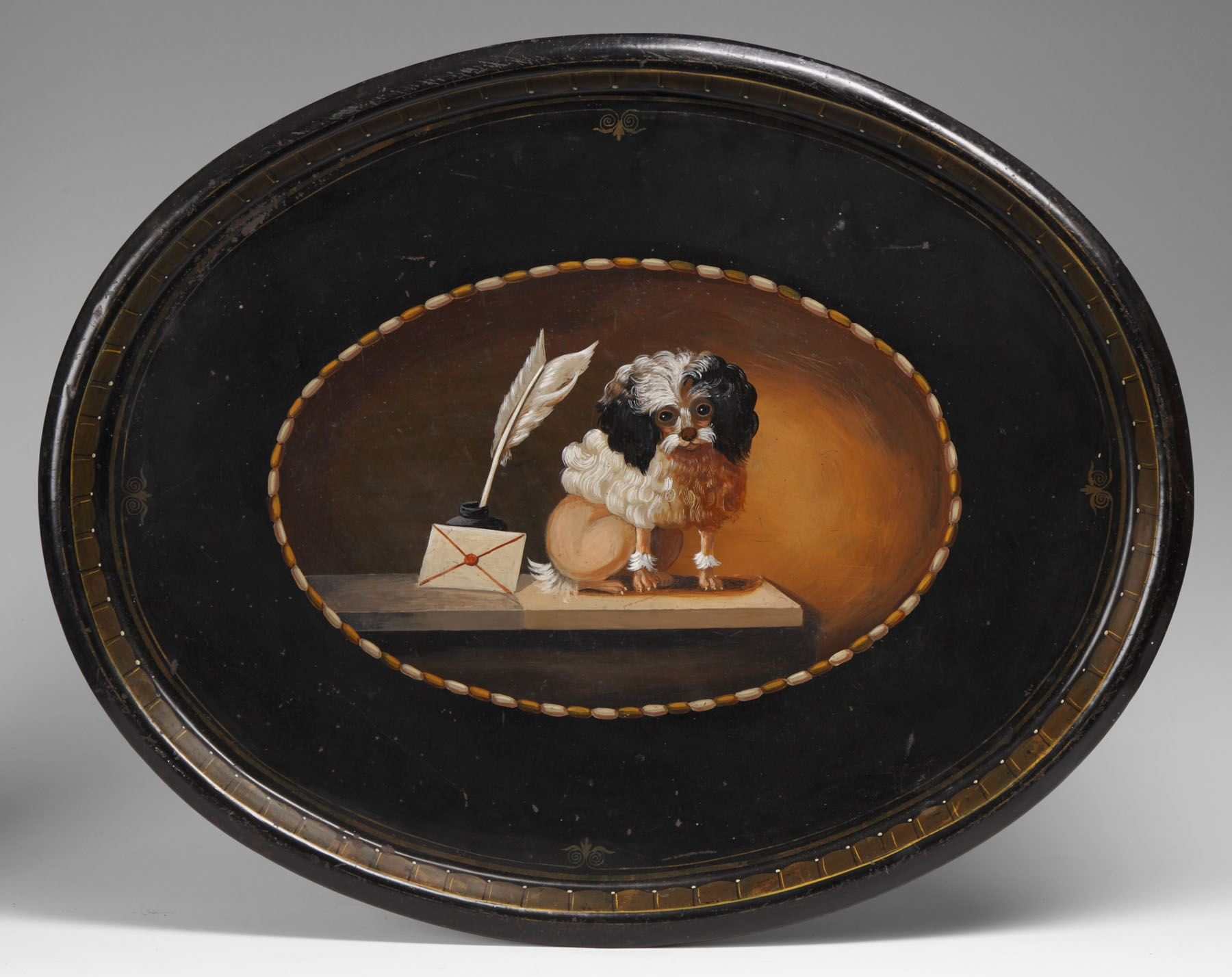 Appraisal: Toleware Tray w Handpainted Poodle Inkwell Note Condition Minor scratches