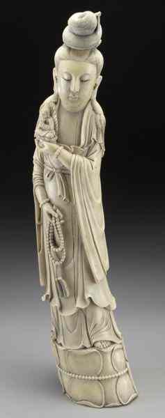 Appraisal: Chinese Qing carved ivory Guanyin raised on a International buyers