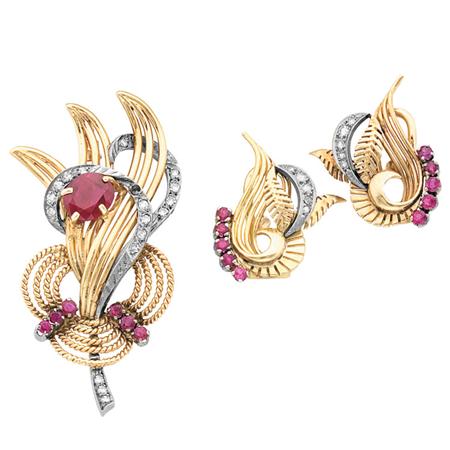 Appraisal: Gold Ruby and Diamond Brooch and Pair of Earrings Estimate