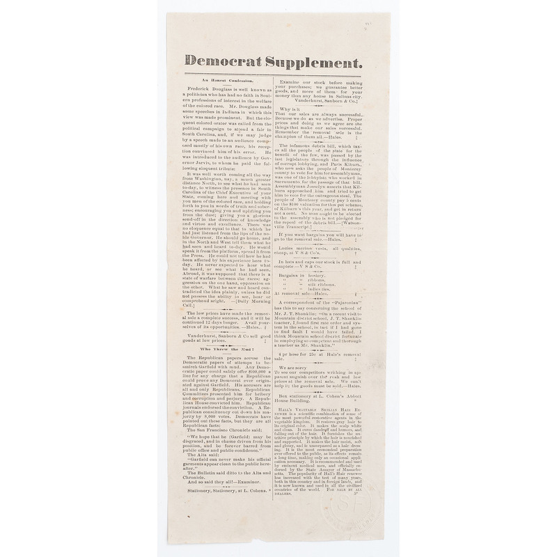 Appraisal: DOUGLASS Frederick - Monterey Democrat Vol XIII No Salinas City