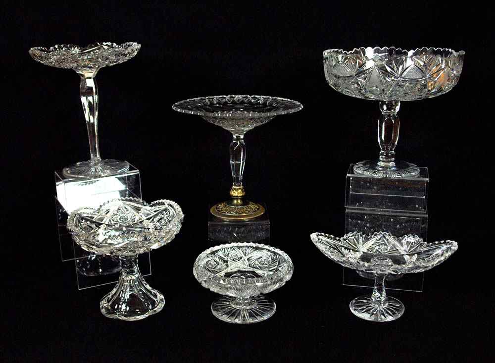 Appraisal: AMERICAN BRILLIANT CUT GLASS COMPOTES Including silverplate base Pairpoint C