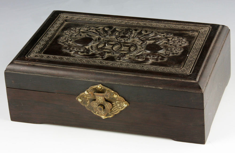 Appraisal: - Chinese Zitan Wood Box Carved box with scroll design