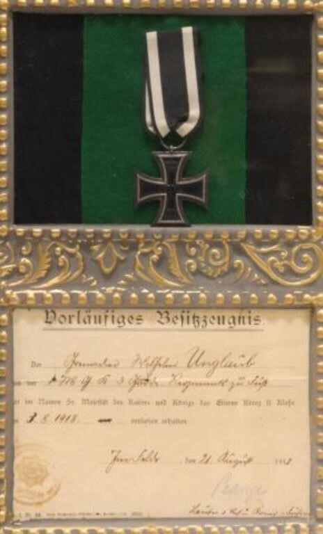 Appraisal: Framed German WWI Imperial Prussian Iron Cross hung on a