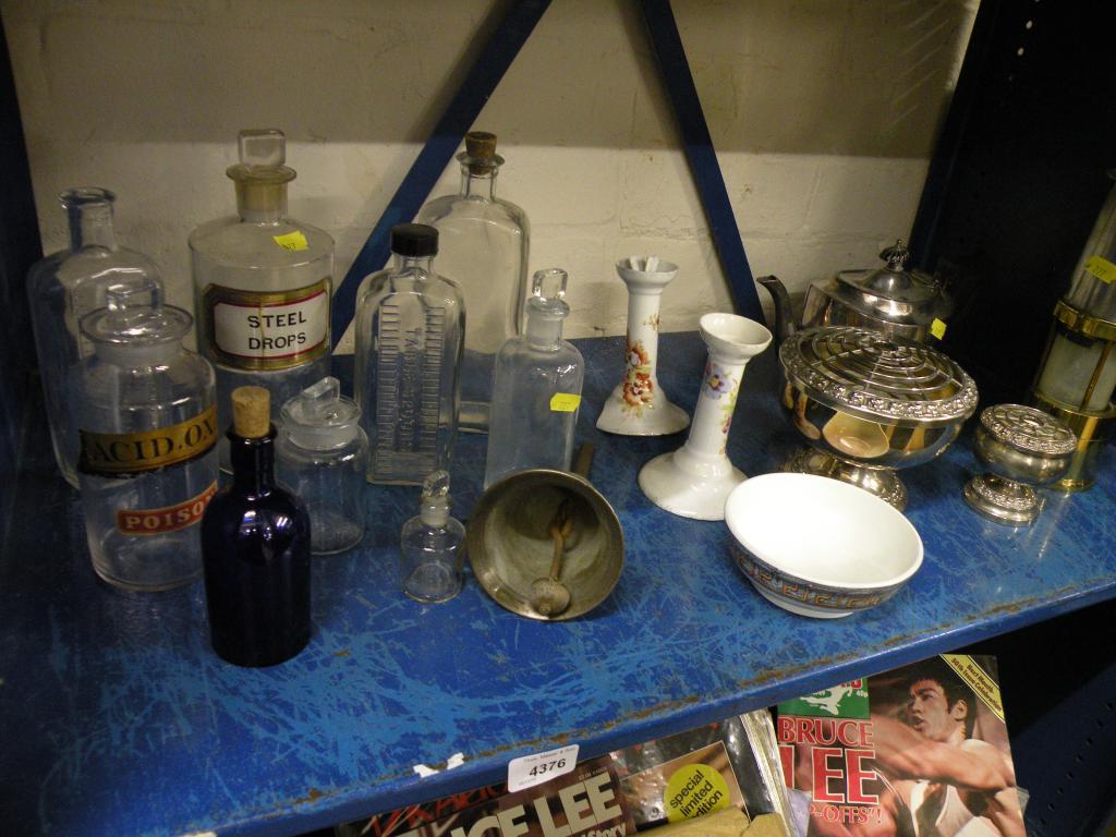 Appraisal: Various chemists jars porcelain candlesticks a miner's lamp plated teapot