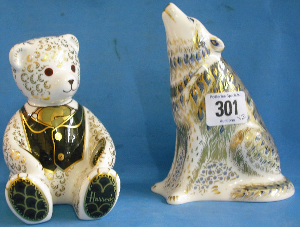 Appraisal: Royal Crown Derby Paperweights Wolf and Harrods Teddy Bear with