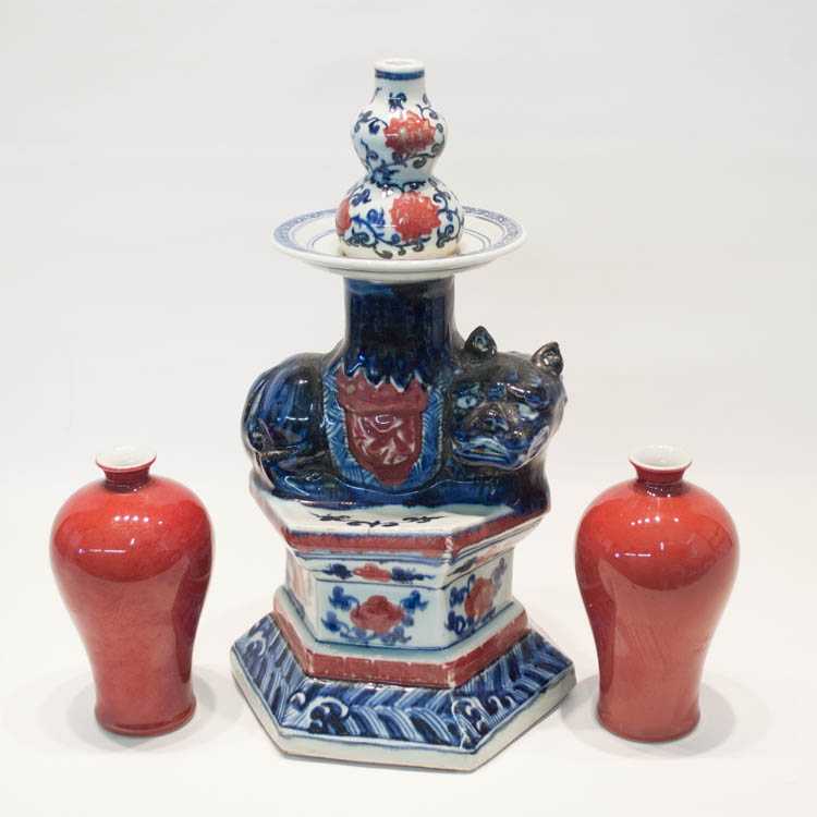 Appraisal: THREE CHINESE PORCELAIN VESSELS pair flambe vases mei ping form