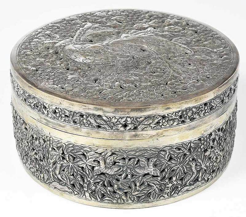 Appraisal: Persian Silver Covered Round Box late th century openwork scroll