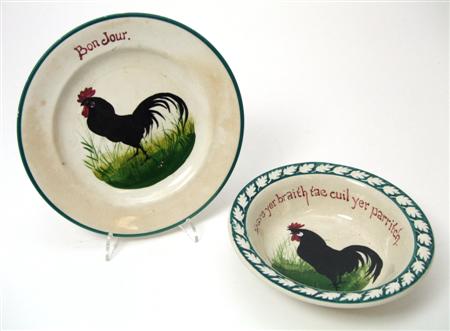 Appraisal: WEMYSS PORRIDGE SAUCER CIRCA decorated with a black cockerel inscription