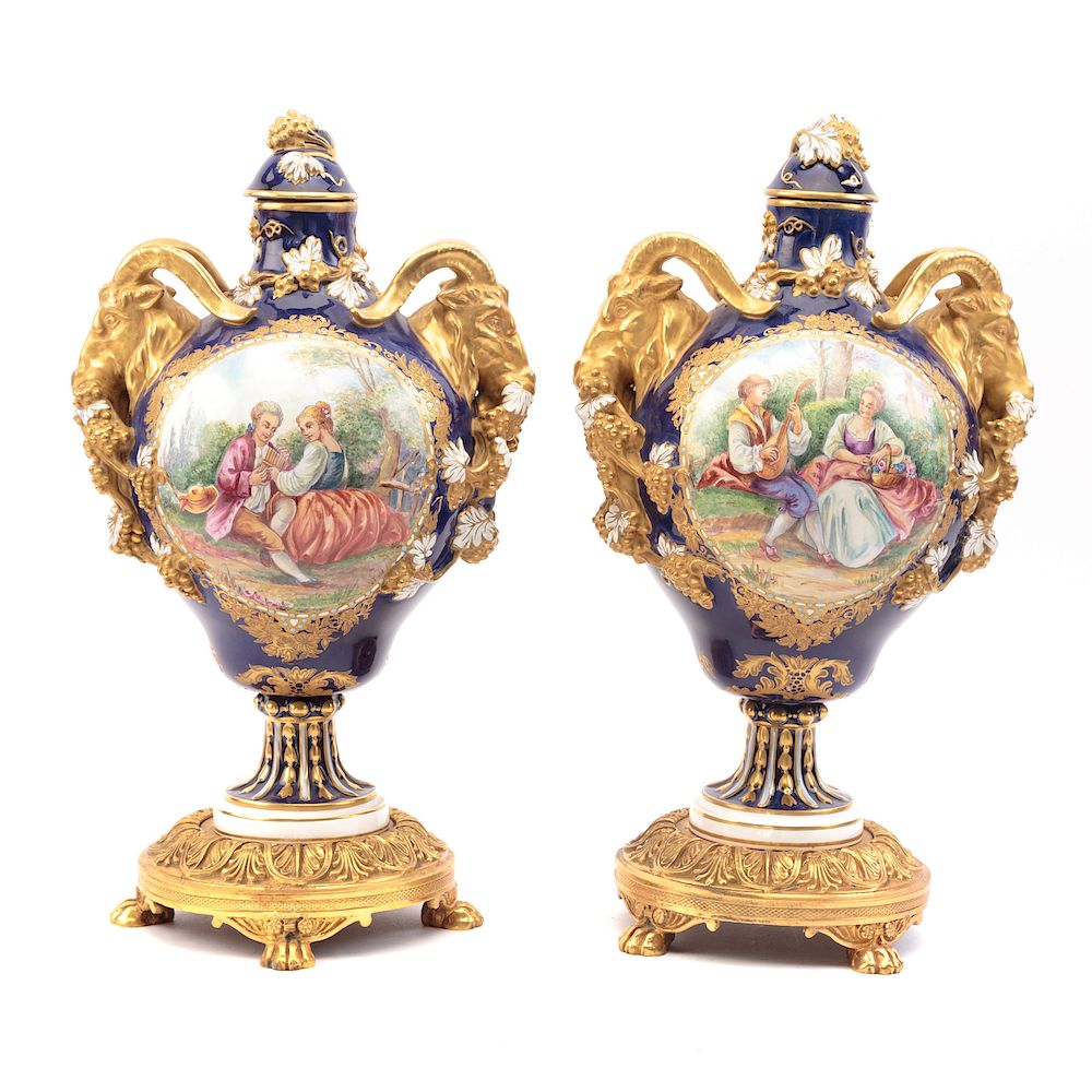 Appraisal: Pair Sevres Porcelain Painted Bleu De Roi Urns th century