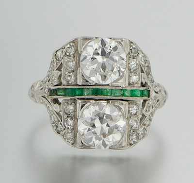 Appraisal: An Art Deco Platinum Diamond and Emerald Ring Open platinum