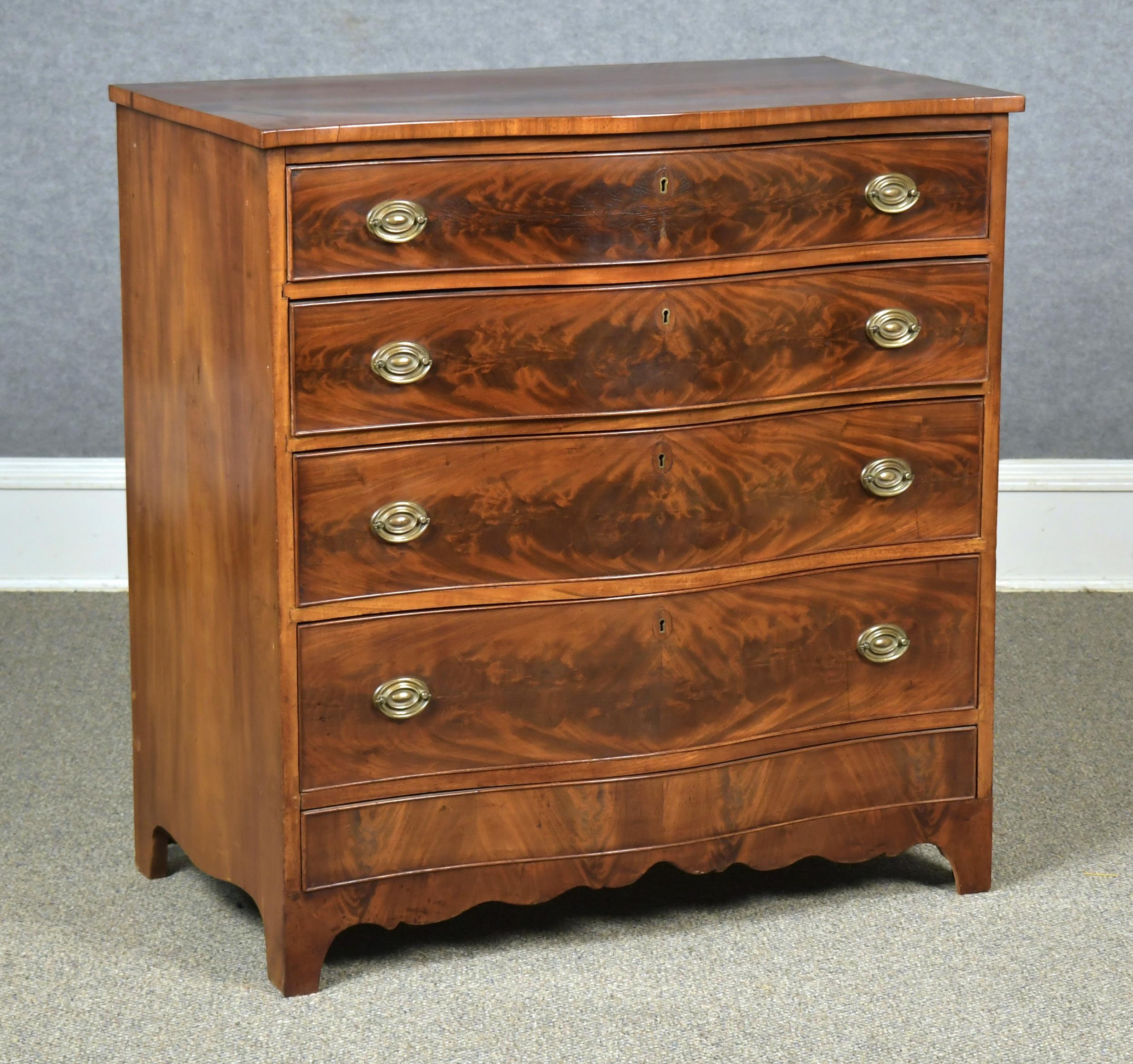 Appraisal: TH C MAHOGANY SERPENTINE FIVE DRAWER CHEST American mid th