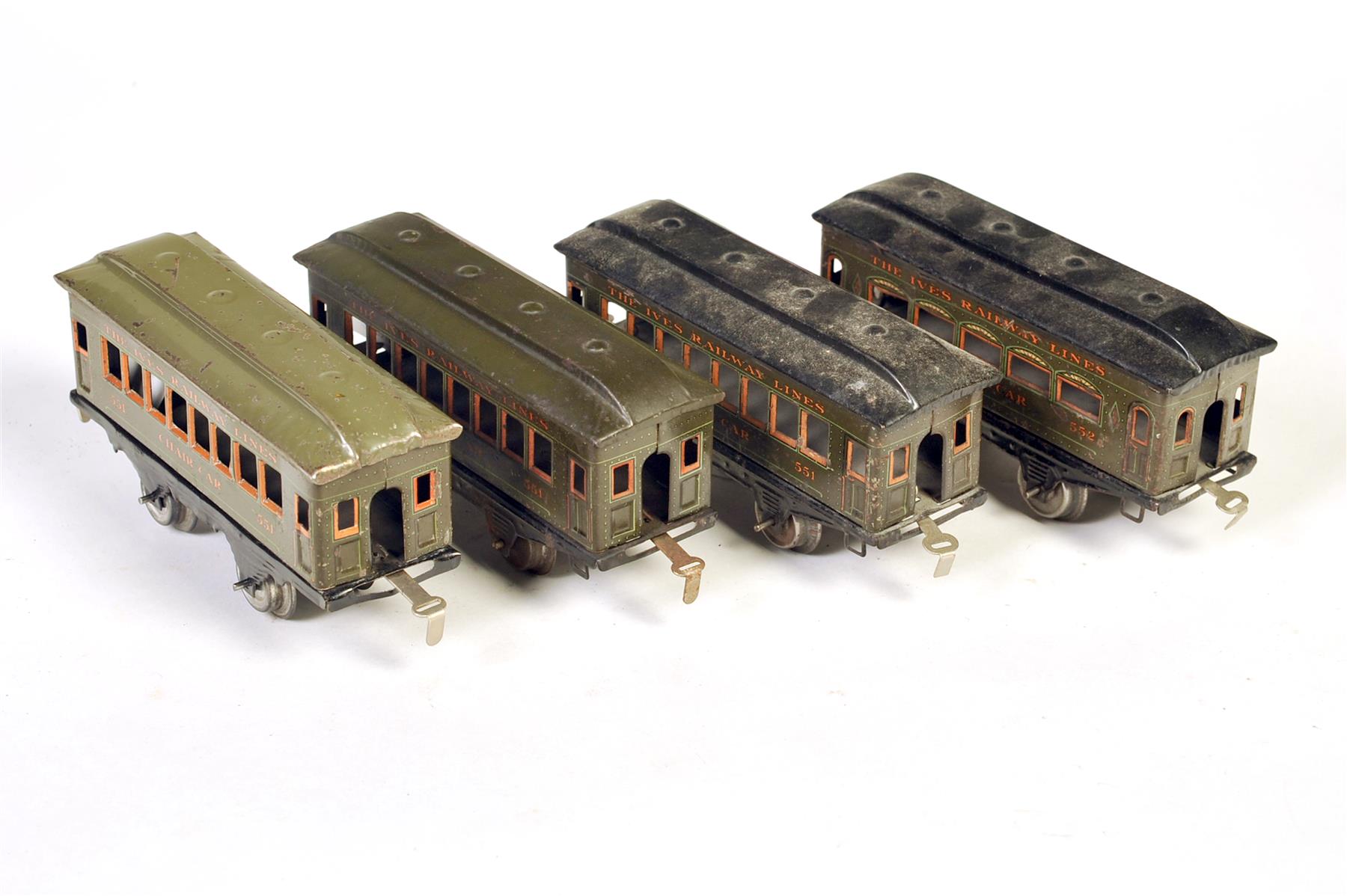 Appraisal: FOUR IVES TOYS O GAUGE LITHOGRAPH TIN PASSENGER CARS American