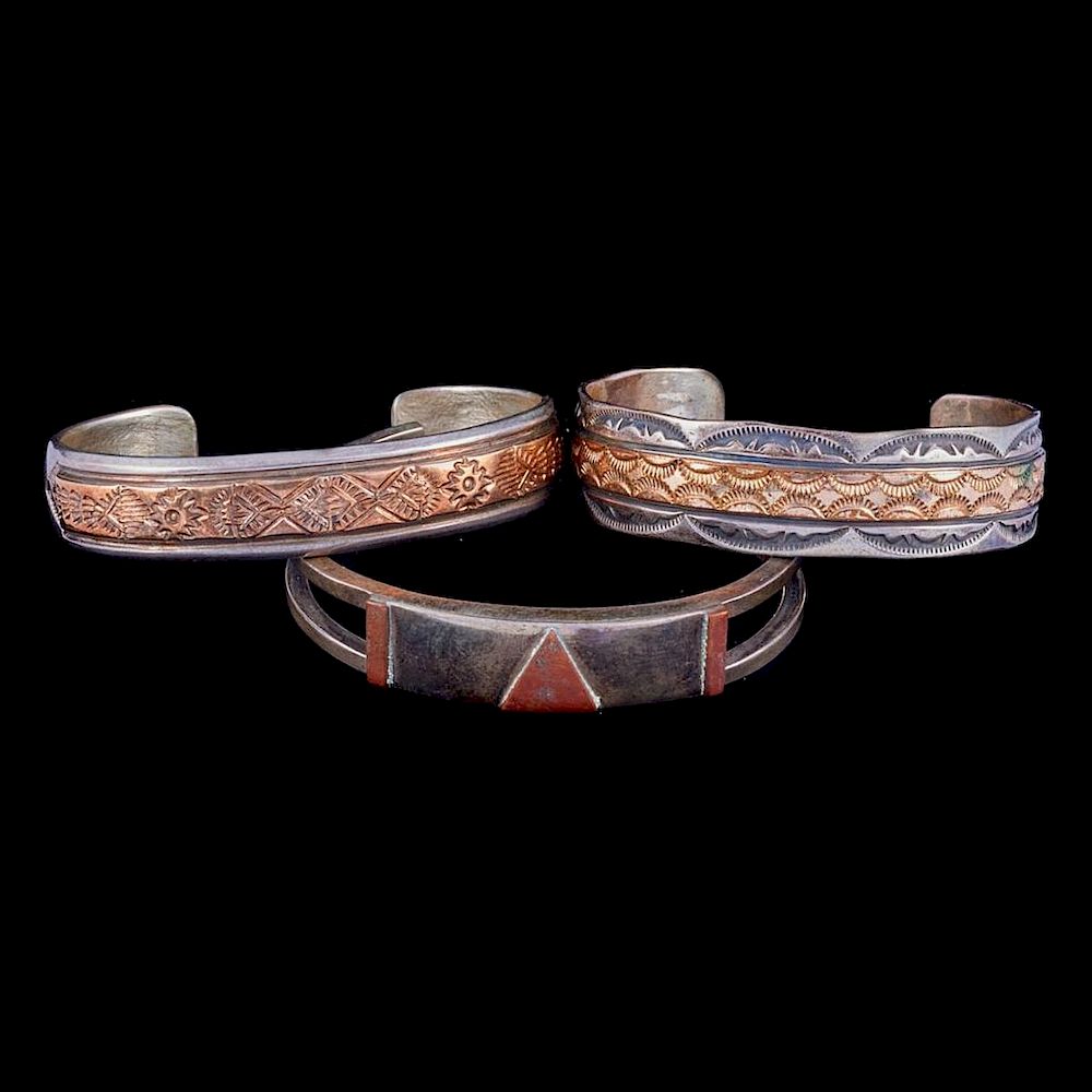 Appraisal: NAVAJO CUFF BRACELETS Three old pawn silver cuff bracelets Largest