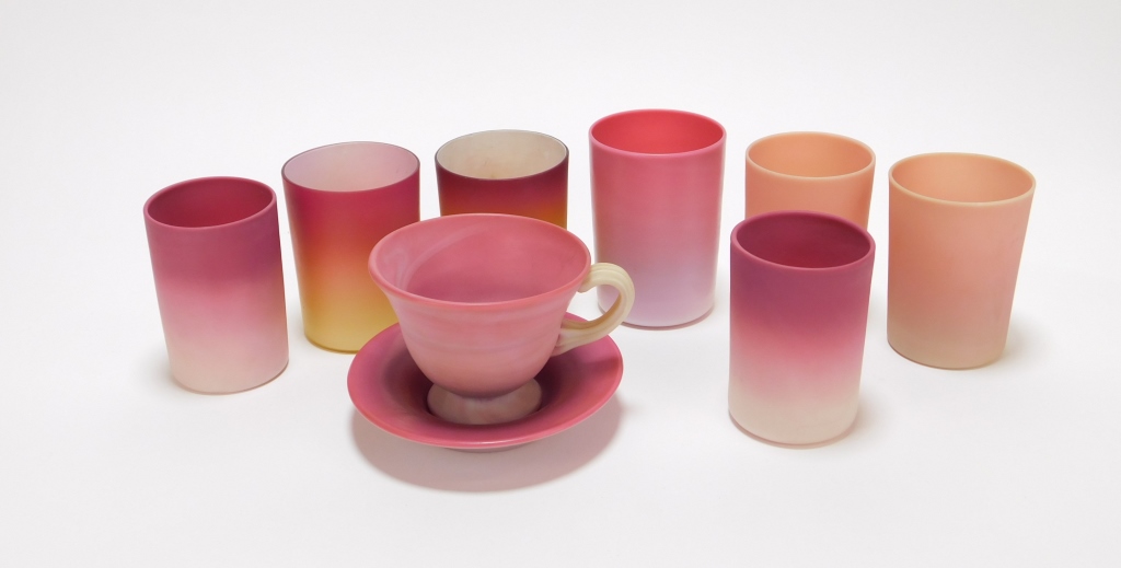 Appraisal: PC PEACH BLOW SATIN GLASS DRINKWARE GROUP United States Late