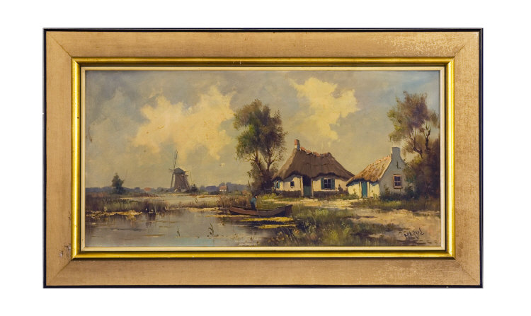 Appraisal: Dutch Oil on Canvas man in boat on river buildings