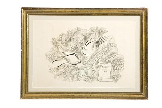 Appraisal: SPENCERIAN DRAWING Black ink on paper Two lovebirds with nest