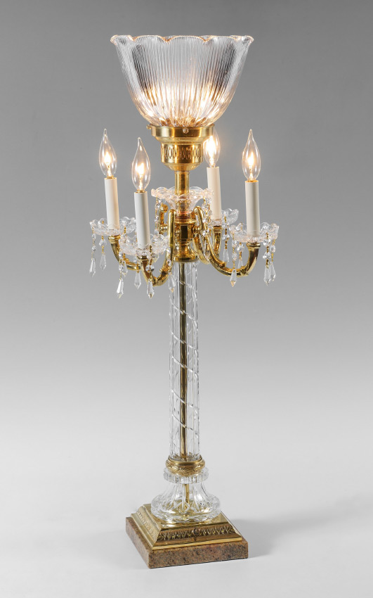 Appraisal: MARBRO ARM CRYSTAL TABLE CHANDELIER Brass frame cut crystal body