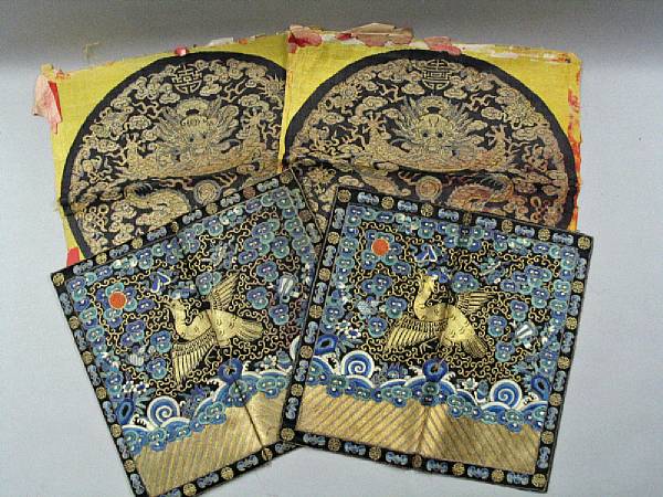 Appraisal: Four silk decorations Including a pair of kesi-woven dragon roundels