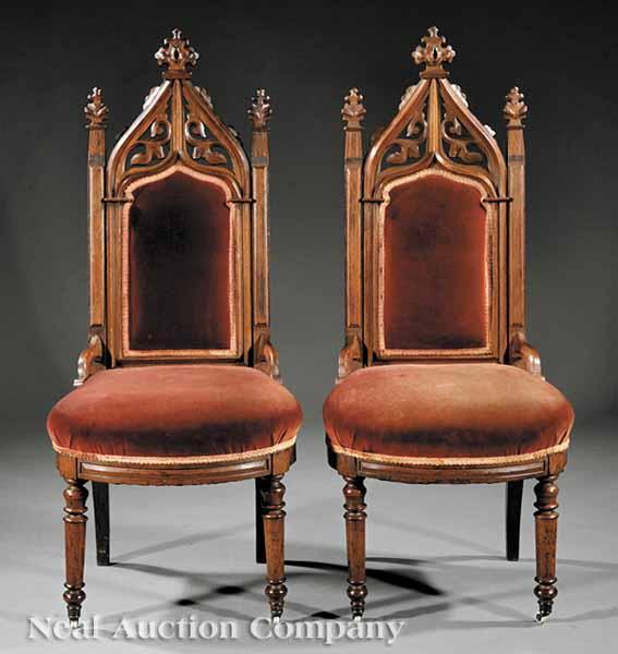 Appraisal: A Pair of American Gothic Carved Walnut Hall Chairs mid-