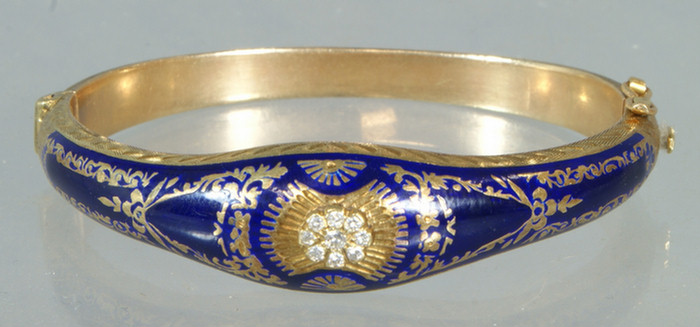 Appraisal: K YG hinged bangle bracelet blue enameled top set with