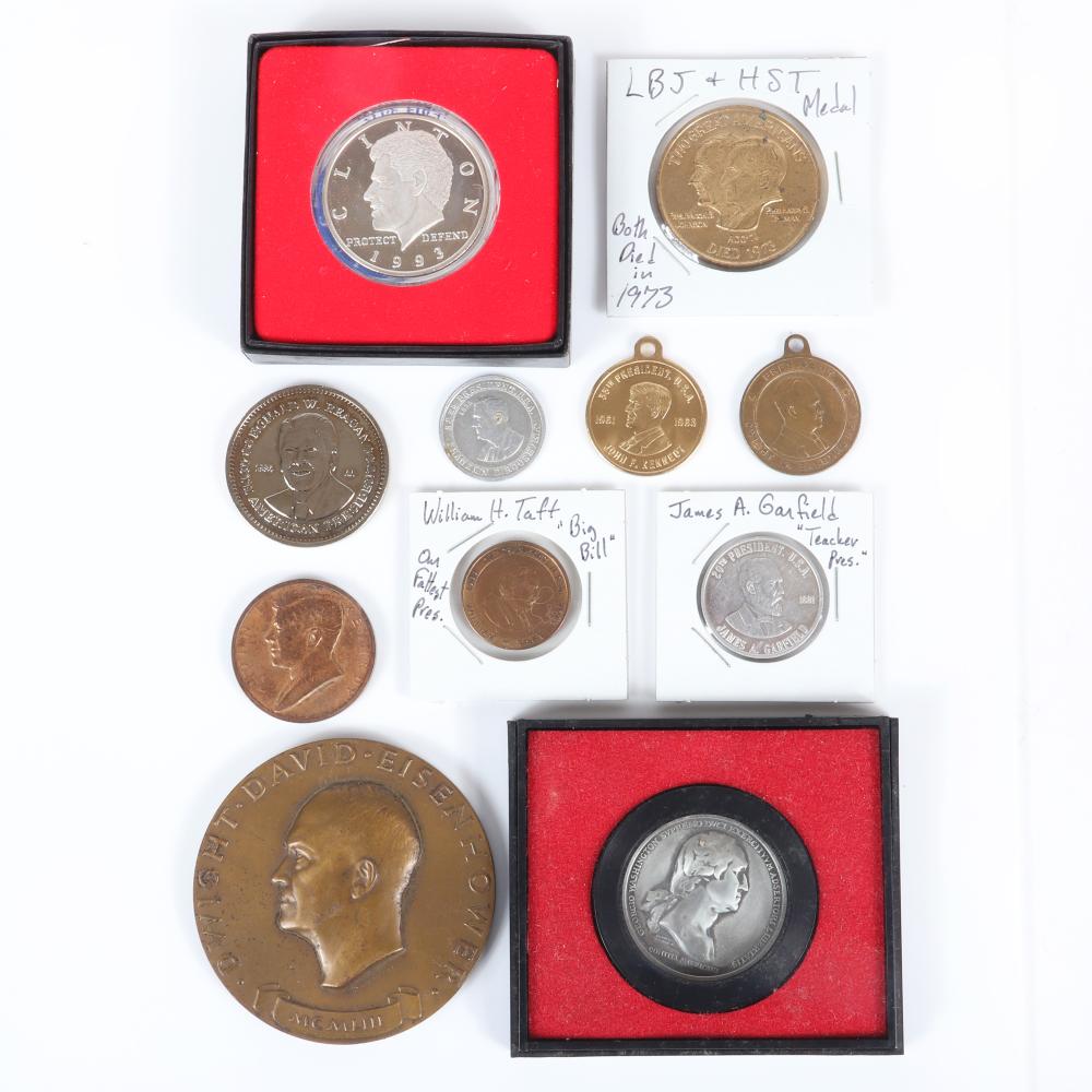 Appraisal: ELEVEN PRESIDENTIAL COMMEMORATIVE COINS AND MEDALS LARGE BRONZE EISENHOWER INAUGURAL