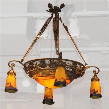 Appraisal: Muller Freres Internally Decorated Glass and Parcel Painted Iron Five-Light