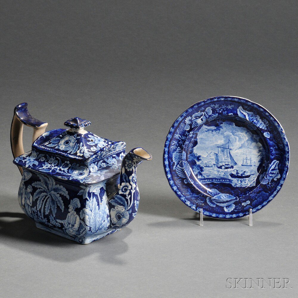 Appraisal: Blue Transfer-decorated Staffordshire Pottery Teapot and Small Plate England early