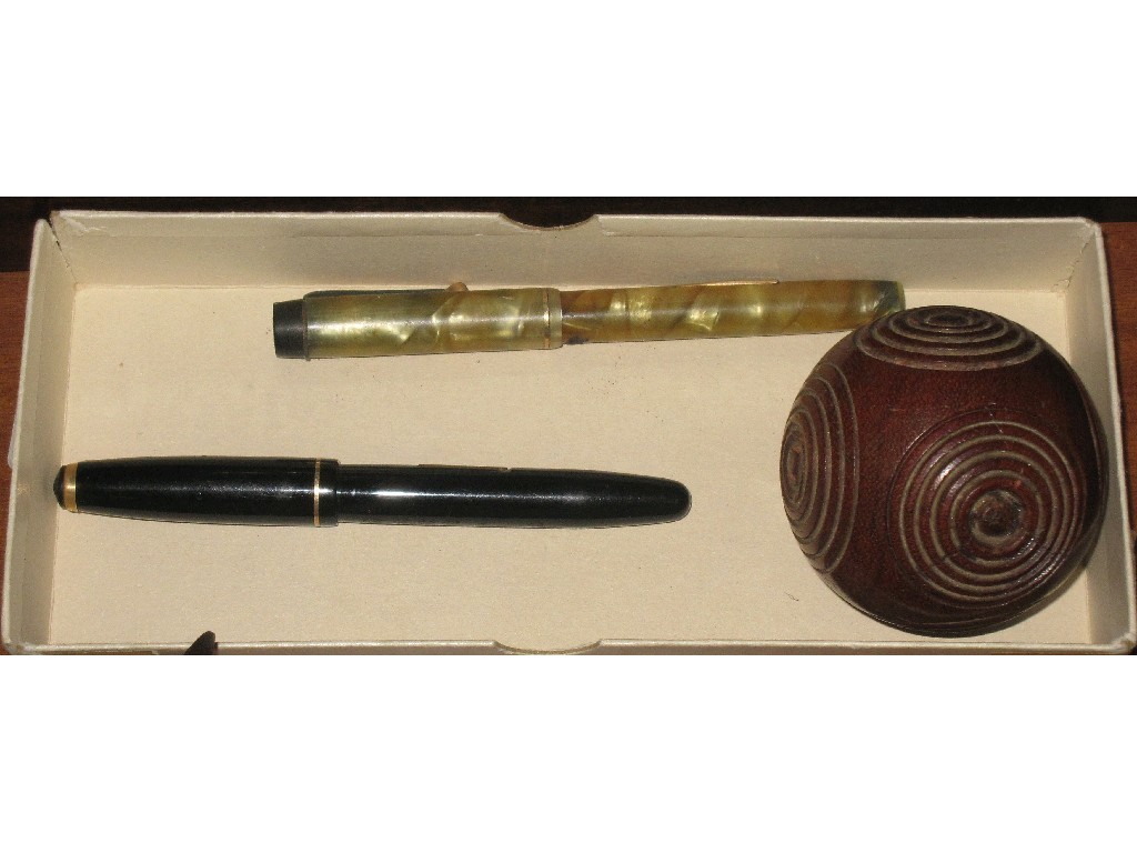 Appraisal: Lot comprising secret ball coin box and two fountain pens