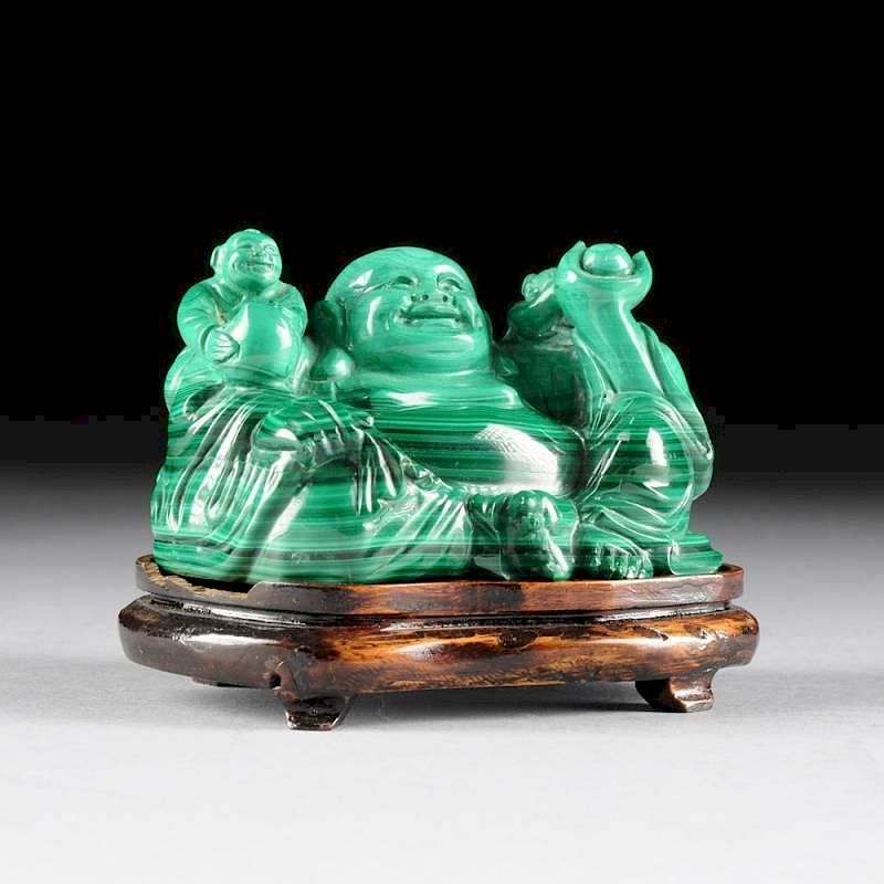 Appraisal: A CHINESE CARVED MALACHITE FIGURAL GROUP OF THE LAUGHING BUDDHA