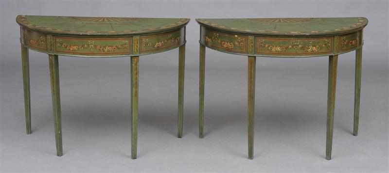 Appraisal: PAIR OF GEORGE III STYLE GREEN-GROUND PAINTED DEMILUNE CONSOLE TABLES