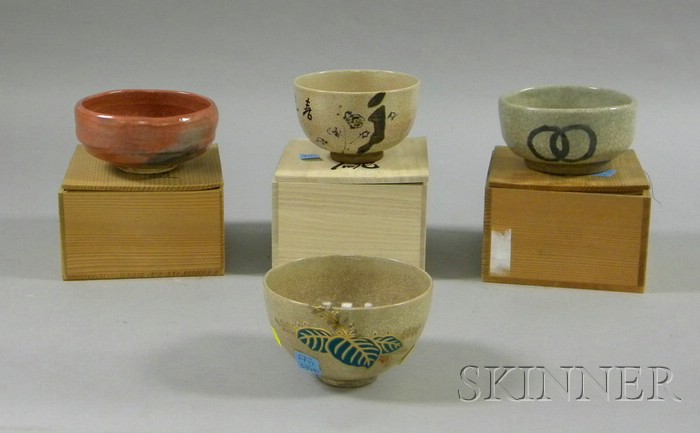 Appraisal: Four Japanese Tea Ceremony Bowls three in wooden cases