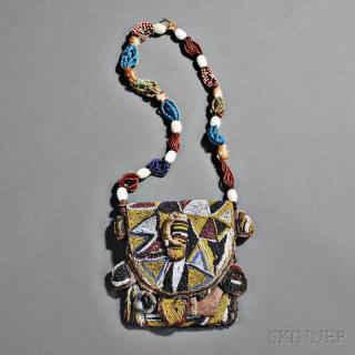 Appraisal: Yoruba Beaded Cloth and Leather Diviner's Bandolier Bag Nigeria the