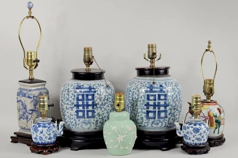 Appraisal: Seven Asian Porcelain Lamps Seven Asian porcelain lamps including a