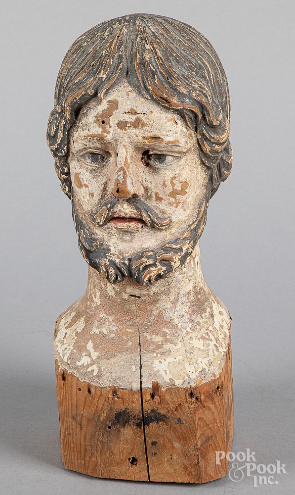 Appraisal: Carved and painted Santos Jesus head th c Carved and