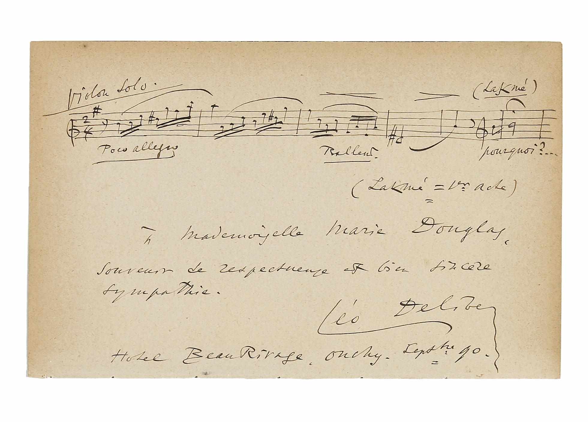 Appraisal: DELIBES LEO - Autograph Musical Quotation Signed ''Leo Delibes'' p