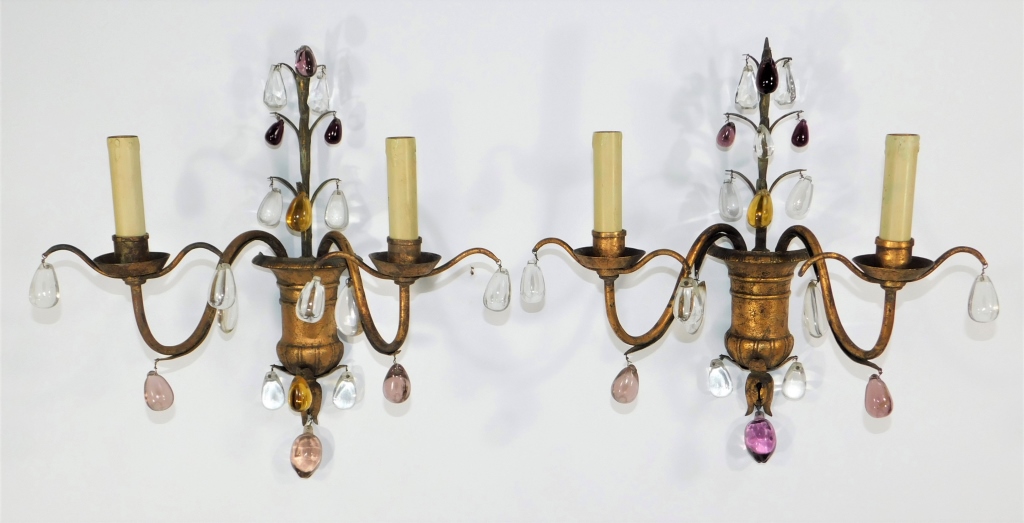 Appraisal: PR GILT BRONZE CRYSTAL DROP TOPIARY WALL SCONCES Europe Circa