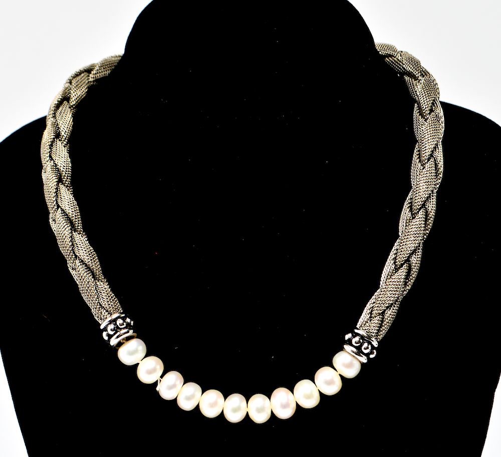 Appraisal: Sterling Silver Mesh Braid and Pearls Necklace Sterling silver mesh