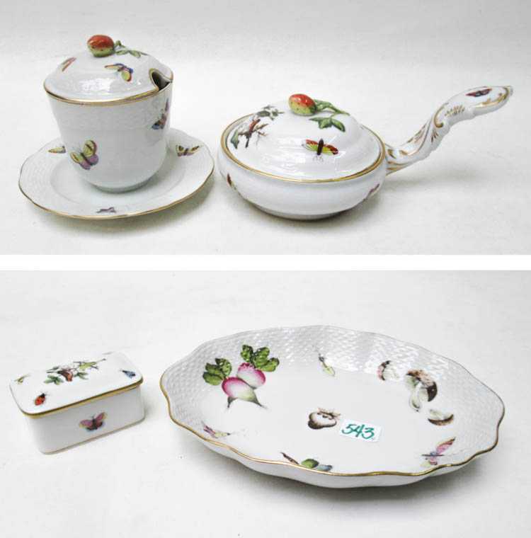 Appraisal: FOUR HEREND PORCELAIN TABLEWARE ITEMS one relish Market Garden pattern