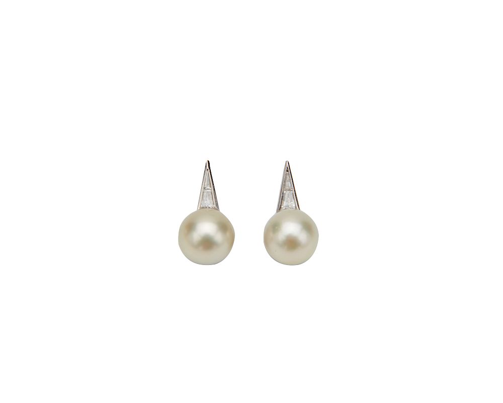 Appraisal: Platinum Pearl and Diamond Earrings Platinum Pearl and Diamond Earrings