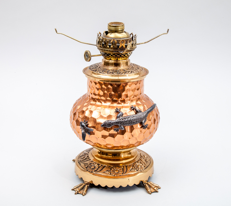 Appraisal: AESTHETIC MOVEMENT KEROSENE LAMP Copper brass silver-plated white metal unmarked