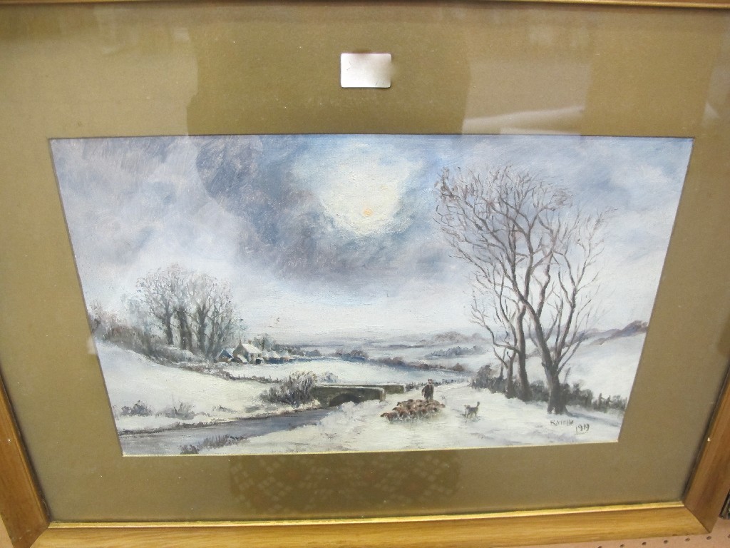 Appraisal: Oil on board Winter landscape with a shepherd and his