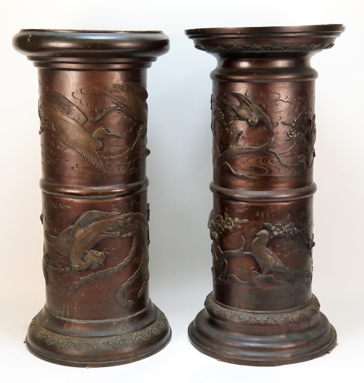 Appraisal: JAPANESE AVIAN BRONZE PEDESTALS Japan th CenturyNear pair one decorated