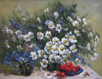 Appraisal: Mark Kremer Russian born Still life with daisies and strawberries