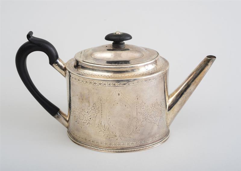 Appraisal: GEORGE III ENGRAVED SILVER TEAPOT Hester Bateman London the oval