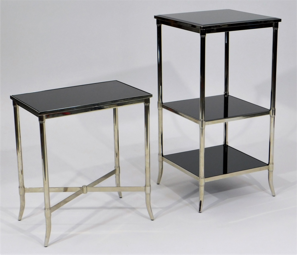 Appraisal: PC MCM DARK GLASS AND METAL CHROME SIDE TABLES United