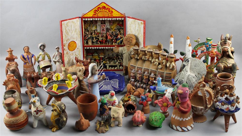 Appraisal: GROUP OF MEXICAN EARTHENWARE ITEMS including birds farm animals figures