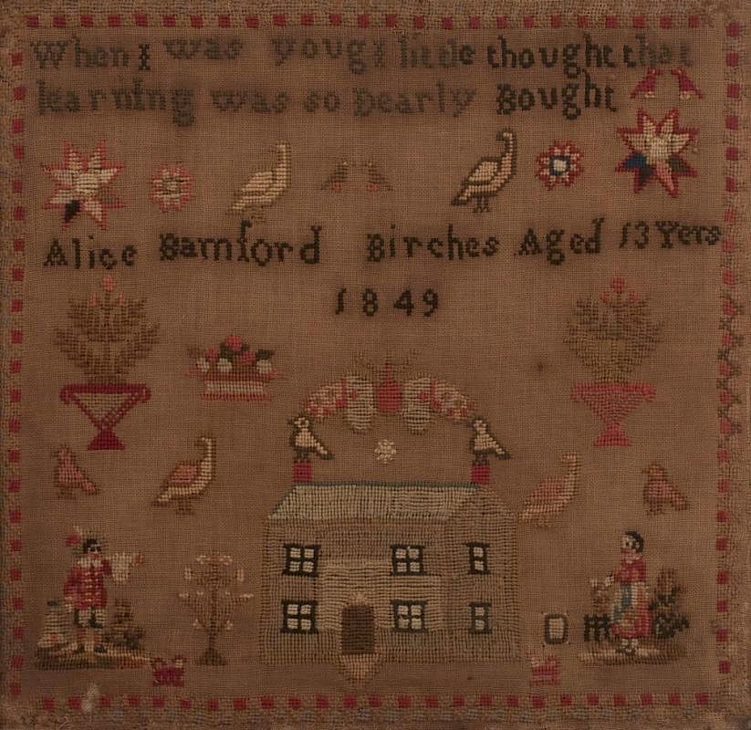 Appraisal: Schoolgirl Sampler Framed schoolgirl sampler by Alice Barnford Birches age