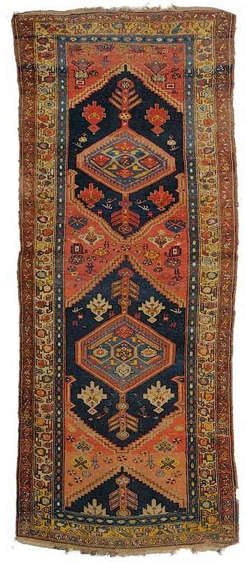 Appraisal: Kurdish Runner early th century navy ground with two octagonal